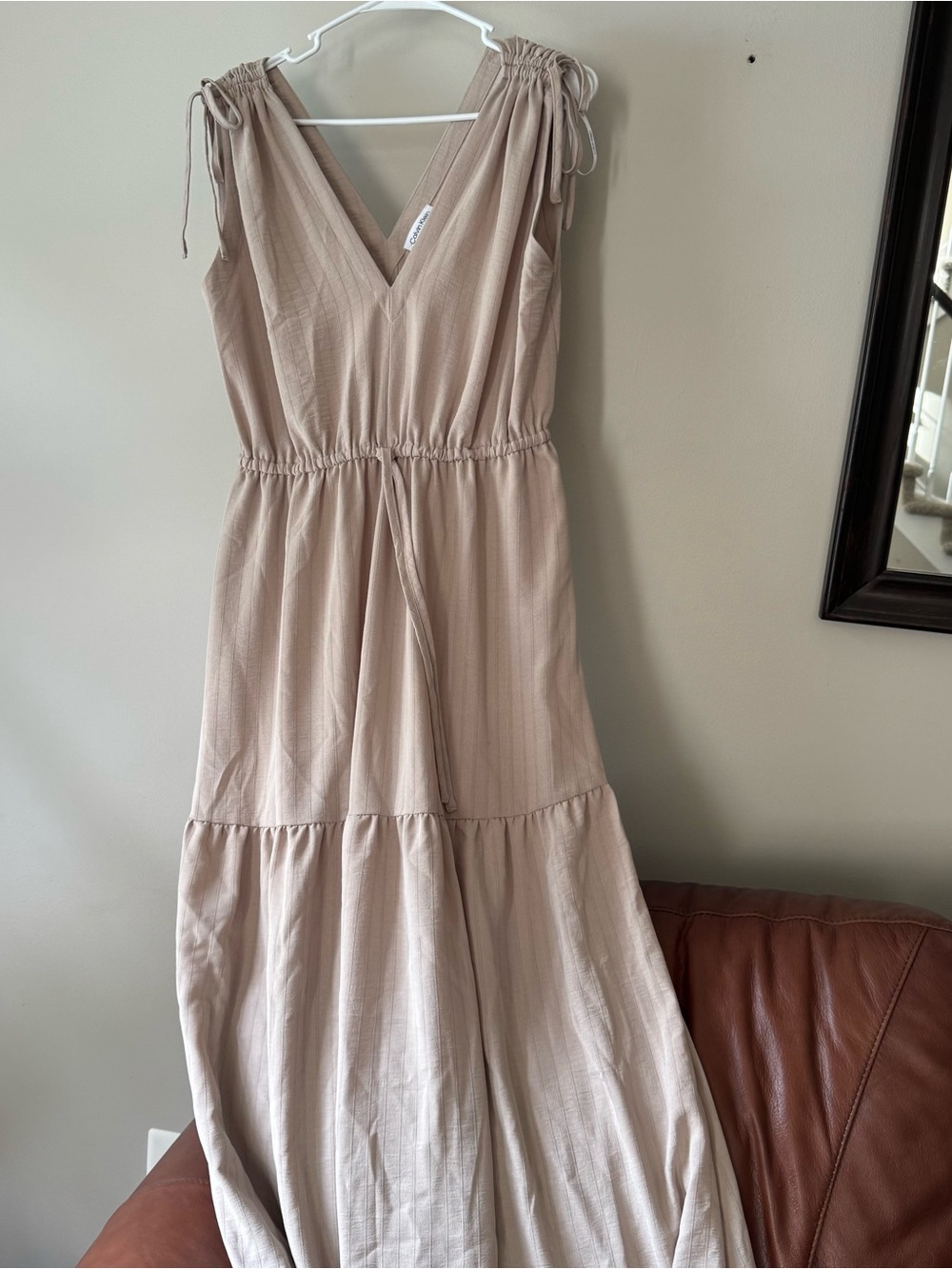 Calvin Kline Women’s V-Neck Sleeveless Tie-Shoulder Maxi Dress in Light Beige